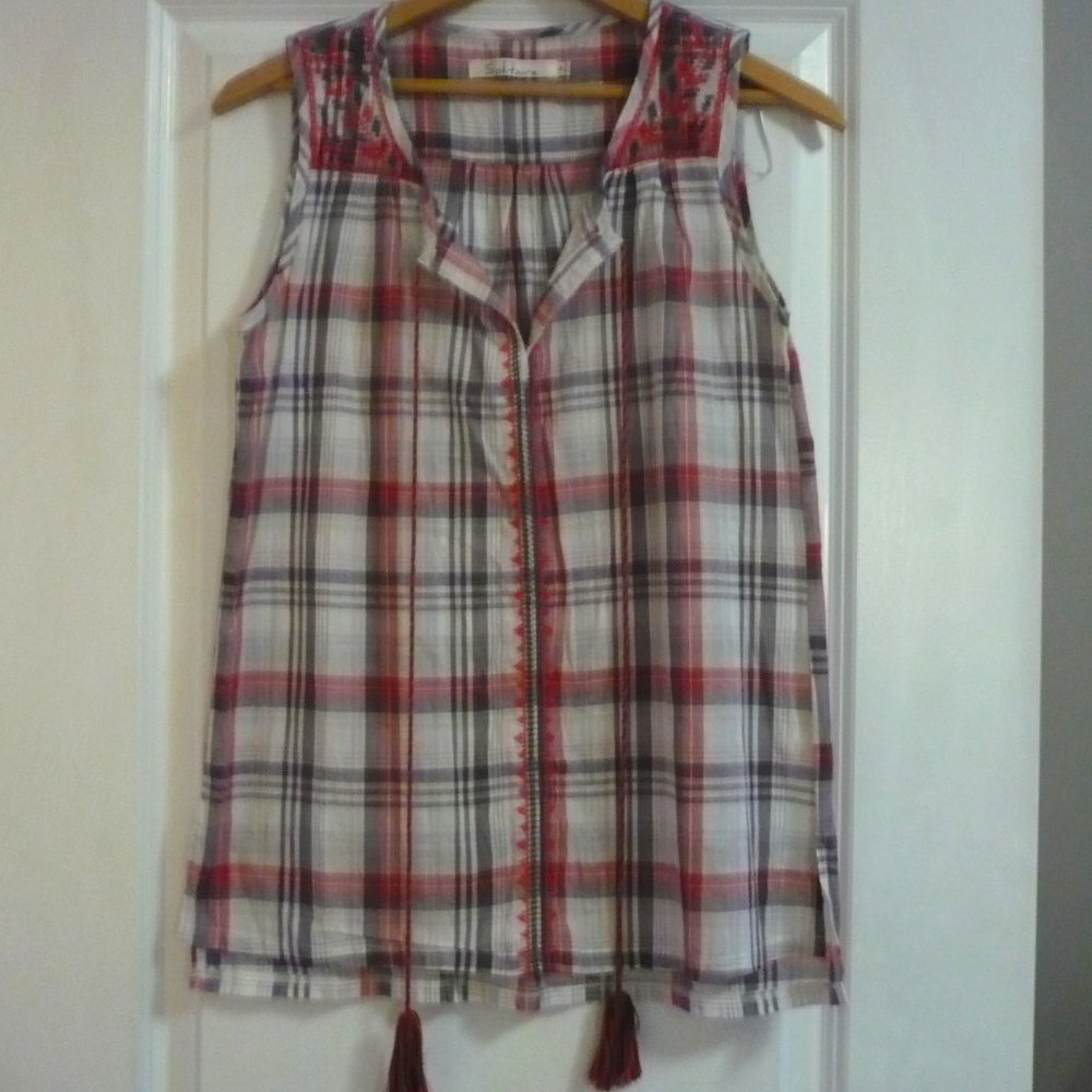 Anthropologie Solitaire Plaid Tassel Boho Tank Top Tunic Cotton Small - Picture 4 of 10